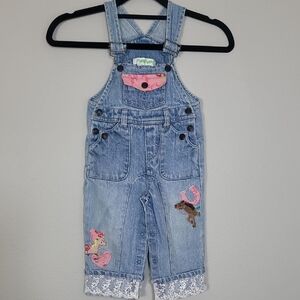 Vintage Flapdoodles Baby Girl Denim Overalls Size 12M Equestrian Embroidered